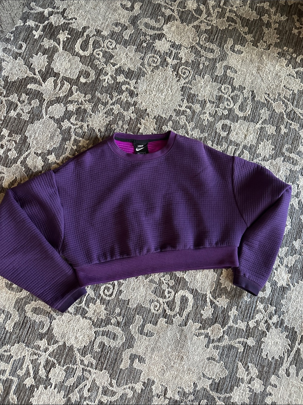 Nike Purple Cropped Waffle-Knit Sweatshirt with Pink Inner Neck